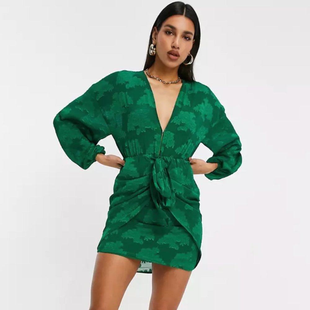 ASOS Plunge Tie Front Mini Dress in Floral Jacquard Green